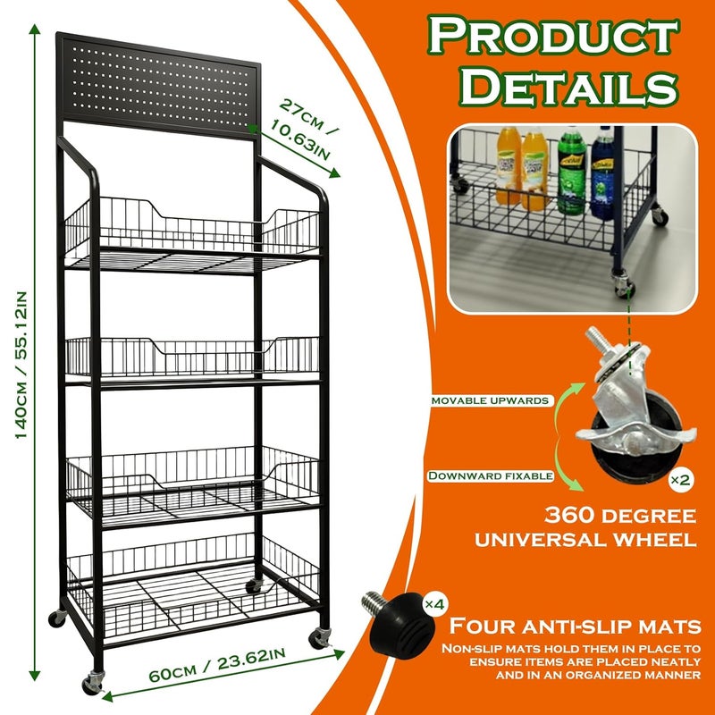 Nerxerx 4 Tier Retail Candy Display Rack Metal Storage Shelf with Wheels & 15 Hooks Concession Candy Snack Display Racks Sturdy and Stable Chip Shelf Rack for Stores, Kitchen, Office (4 Tier Black 50cm) - Image 5